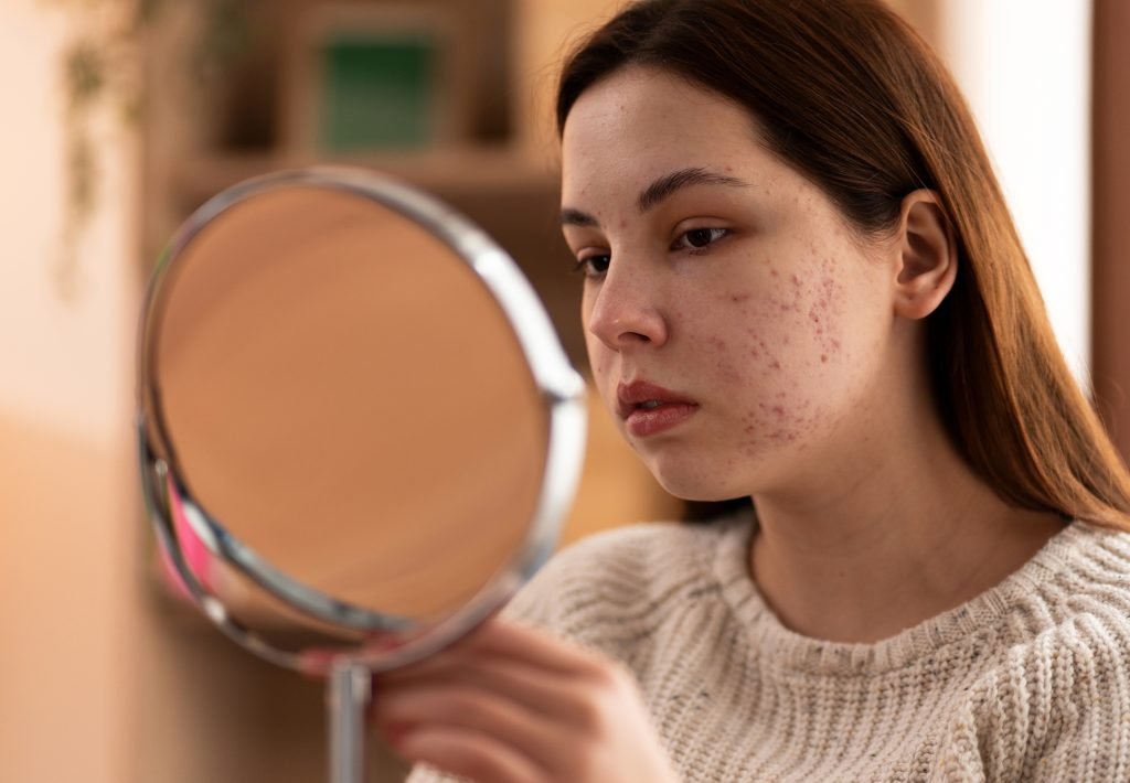A-woman-gazes-into-a-mirror-her-face-showing-acne-as-an-ortho-doctor-in-Kota-provides-support-and-guidance.jpg
