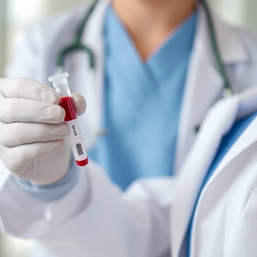 A doctor in a white coat holds a blood sample in a small vial, ready for analysis in a clinical setting.jpg