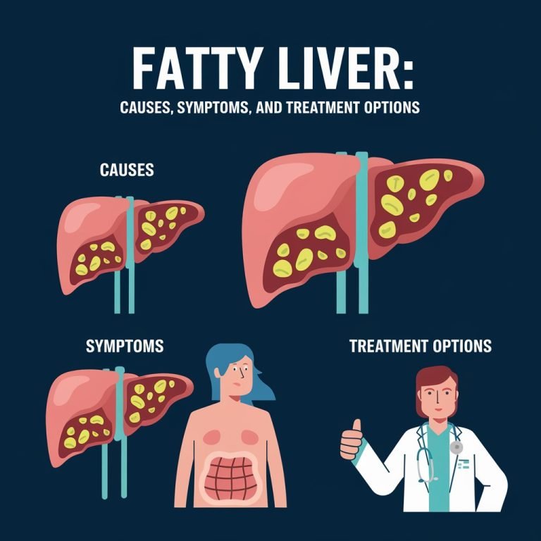 Infographic detailing causes, symptoms, and treatment options for fatty liver by a specialist doctor.