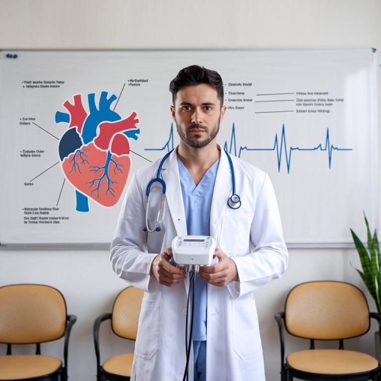 A male hypertension specialist doctor in Mahalaxmi Nagar, Indore, holds a remote control for Stress test in front of a whiteboard.