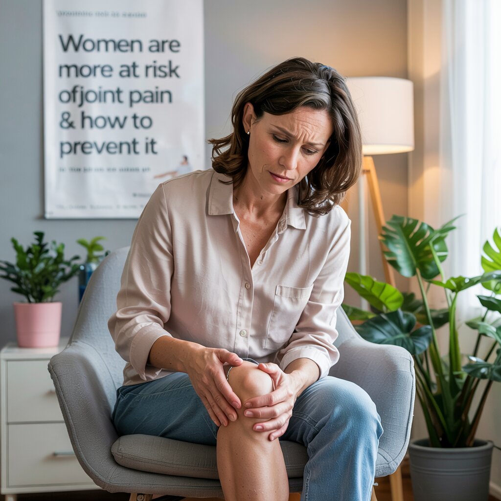 Woman sitting on a chair, visibly uncomfortable, holding her knee, indicating pain while consulting a joint pain specialist.