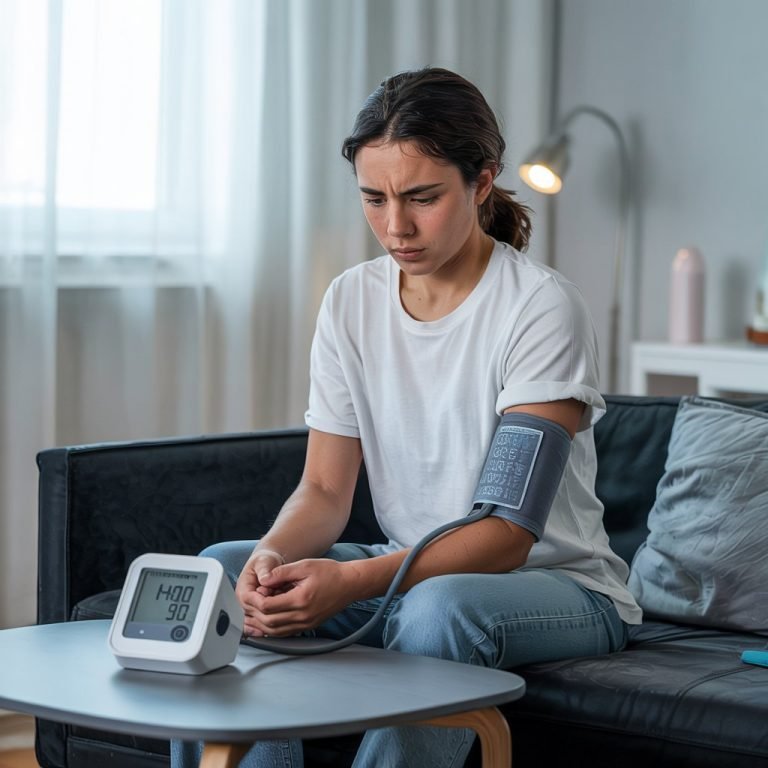 A woman sitting on a couch, using a blood pressure monitor, indicating a focus on hypertension management.