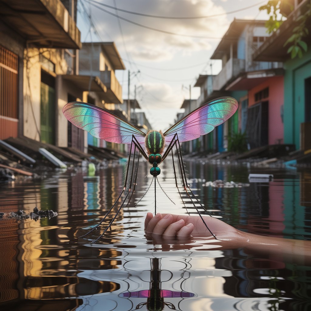 A person holding a mosquito above water, highlighting concerns about climate change and dengue spread in Indore.