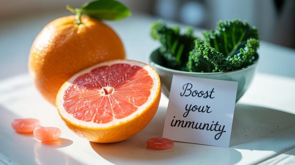 Image of grapefruit and kale promoting immunity, highlighting vitamin C benefits from the best physician in Indore.